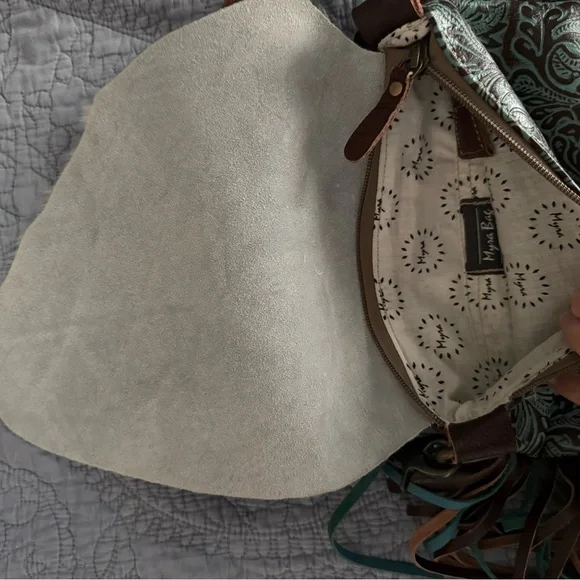 Myra Brown and Teal Fringe Leather Bag - Picture 3 of 3